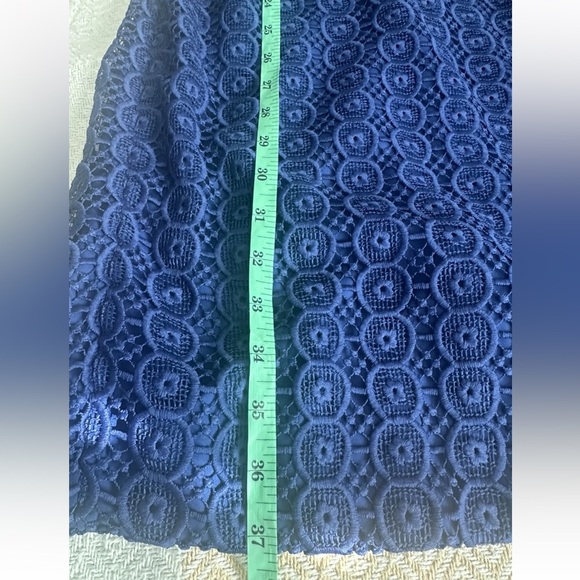 J Crew Women’s Blue Sheath Dress Eylelet Lace Overlay size 0 Side Pockets - Picture 8 of 10